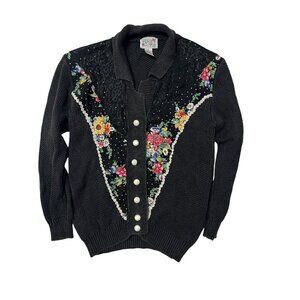 VTG Grandma Sweater Medium Black Floral Sequin Lace Grannycore Dark Romantic